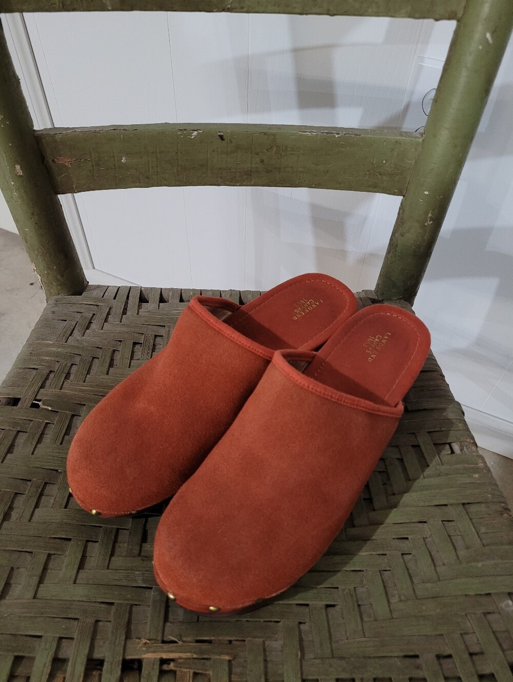 Lands' End Pumpkin Dark Orange Suede Slip-On Clogs With Decorative Brads Size 8